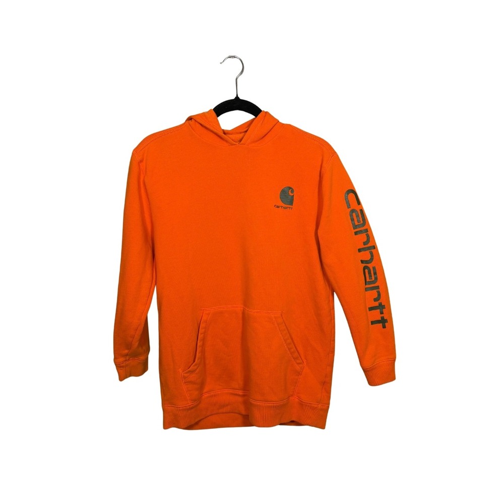 Carhartt Youth Large 14-16 Orange Logo Sleeve Graphic Hoodie Sweatshirt